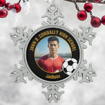 Custom Soccer Player Photo Black Gold High School Snowflake Pewter Christmas Ornament<br><div class="desc">This cool customized high school soccer player photo gift features gold typography of your team and player name on a black Christmas ornament with a soccer ball. Personalize with your student's photograph and class year as a proud futbol parent for a commemorative keepsake.</div>