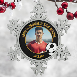 Custom Soccer Player Photo Black Gold High School Snowflake Pewter Christmas Ornament