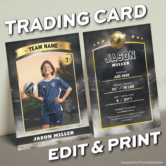 Custom Soccer Trading Card Black Gold Stadium (Custom Trading Card, Editable Soccer Trading Card, Modern Black Gold Stadium Design)