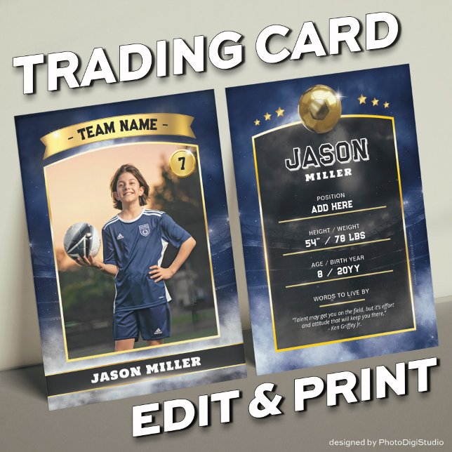 Custom Soccer Trading Card Blue Gold Stadium (Custom Trading Card, Editable Soccer Trading Card, Modern Blue Gold Stadium Design)