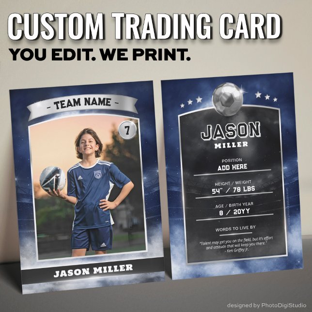 Custom Soccer Trading Card Blue Silver Stadium (Custom Trading Card, Editable Soccer Trading Card, Modern Blue Silver Stadium Design)
