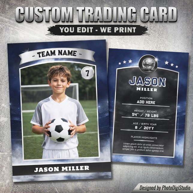 Custom Soccer Trading Card, Blue Silver Stadium Calling Card (Custom Soccer Trading Card, Blue Silver Stadium Calling Card)