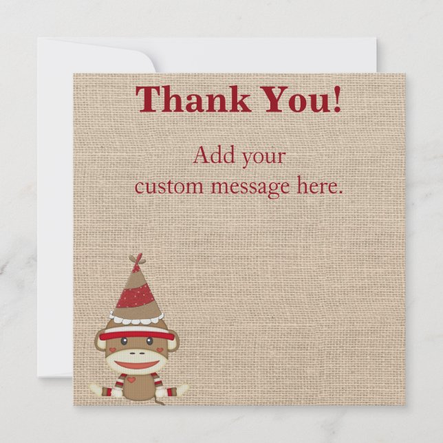 Custom Sock Monkey Party Gift Thank You Card (Front)