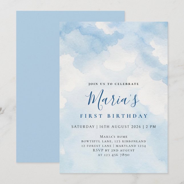 Custom Soft Blue Watercolor Cloud Birthday Invitation (Front/Back)