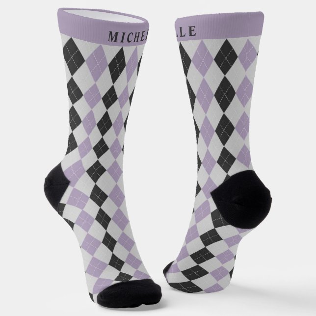 Custom Soft Lavender Purple Black Argyle Pattern Socks (Angled)
