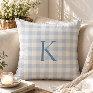 Custom Soft Light Blue Gingham Heirloom Monogram Cushion