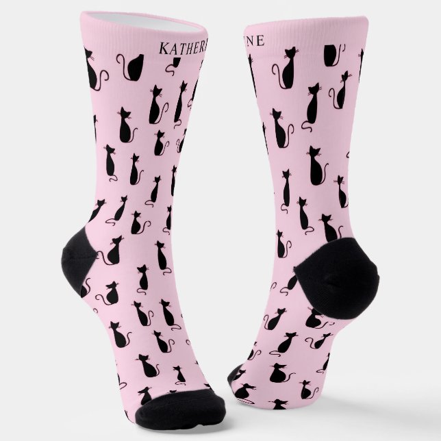 Custom Soft Pink Background Black Cas Pattern Socks (Angled)