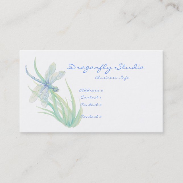 Custom Soft Watercolor Blue Green Dragonfly Business Card (Front)