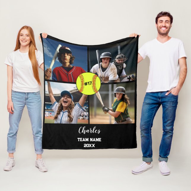 Custom Softball Photo Collage with Name & Year Fleece Blanket (In Situ)