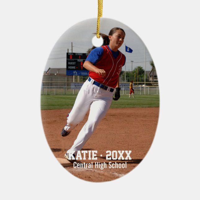 Custom Softball Photo Player Name, School Year Ceramic Tree Decoration (Front)
