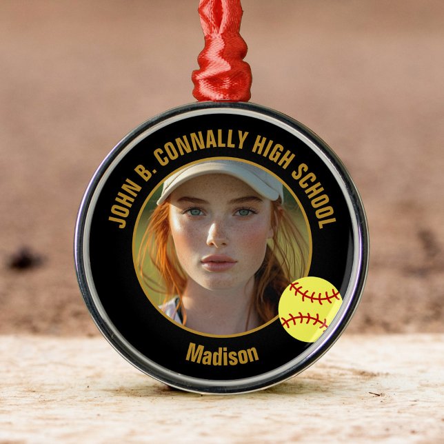 Custom Softball Player Photo Christmas Black Gold Metal Tree Decoration (Creator Uploaded)
