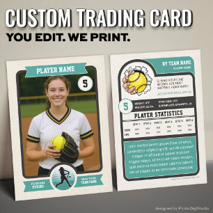 Custom Softball Trading Card, Teal Retro Player Calling Card