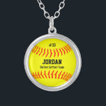Custom Softball with Player Name, Number, Team Silver Plated Necklace<br><div class="desc">This cute necklace features a yellow softball with your player's name,  number and team name.  A perfect keepsake gift for your favourite player!  Check out our other softball themed gifts by clicking on the Colorfulgalshop logo below.</div>