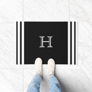 Custom Solid Black White stripe Elegant Nautical  Doormat