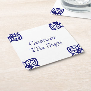 Custom Spanish Tile Sign -  White on Blue Square Paper Coaster