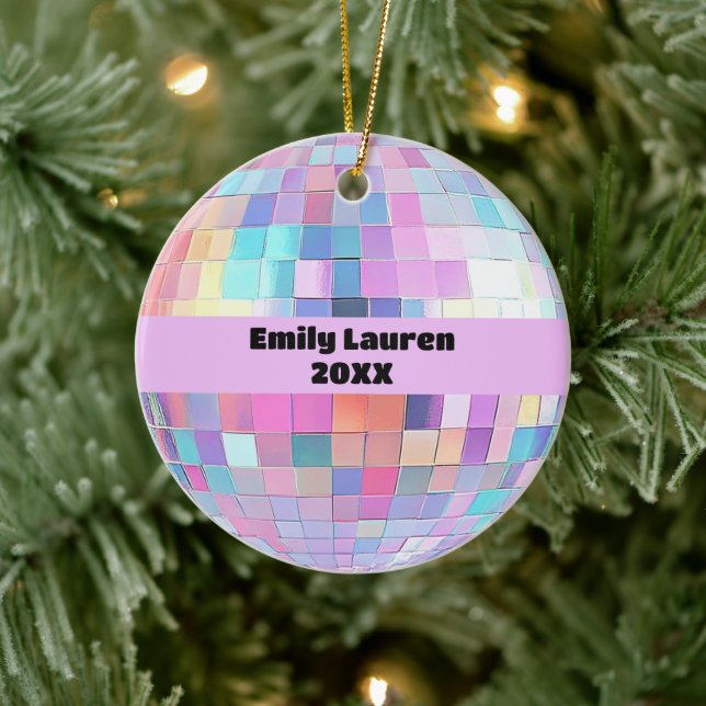 Custom Sparkly Pink & Rainbow Disco Ball Christmas Ceramic Tree Decoration (Tree)