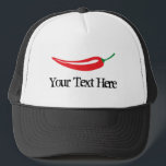 Custom spicy hot red chilli pepper trucker hat<br><div class="desc">Custom spicy hot red chilli pepper trucker hat. Spicy food design with vintage typography template. Add your own name,  monogram or funny quote / saying. Cute gift idea for men and women. Black and white cap.</div>