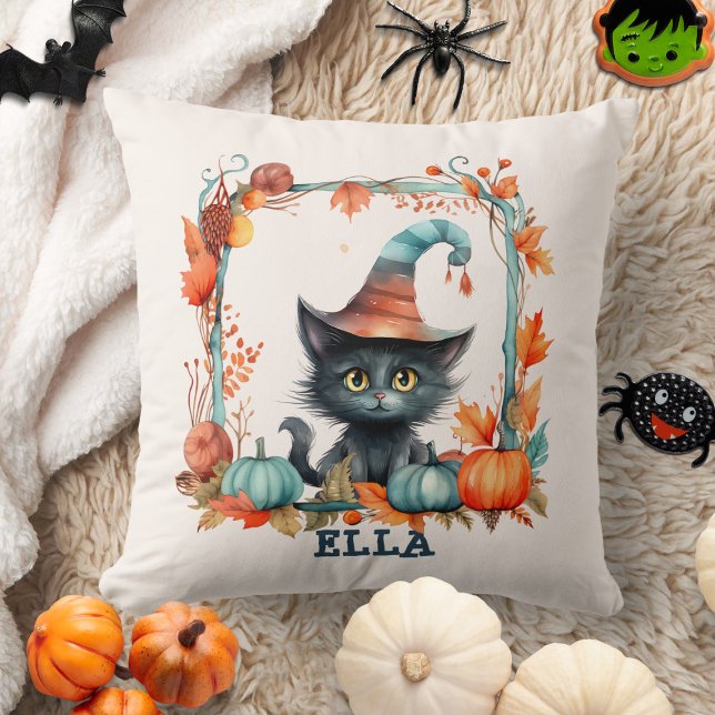 Custom Spooky Black Cat Witch Pumpkin Halloween Cushion (Creator Uploaded)