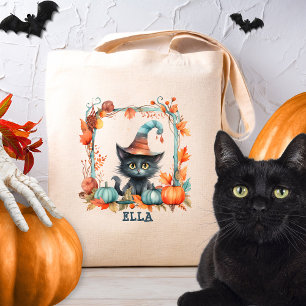 Custom Spooky Black Cat Witch Pumpkin Halloween Tote Bag