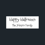 Custom Spooky Family Business Name Happy Halloween Rubber Stamp<br><div class="desc">Create your own custom, personalised, simple, fun, spooky font / typography / script, Happy Halloween maple wood family name rubber stamp. Simply enter your name / family name / company name, to personalise. You may even replace "Happy Halloween" with "Merry Chrismas" / "Happy Holidays" / "Seasons Greetings" or any other...</div>