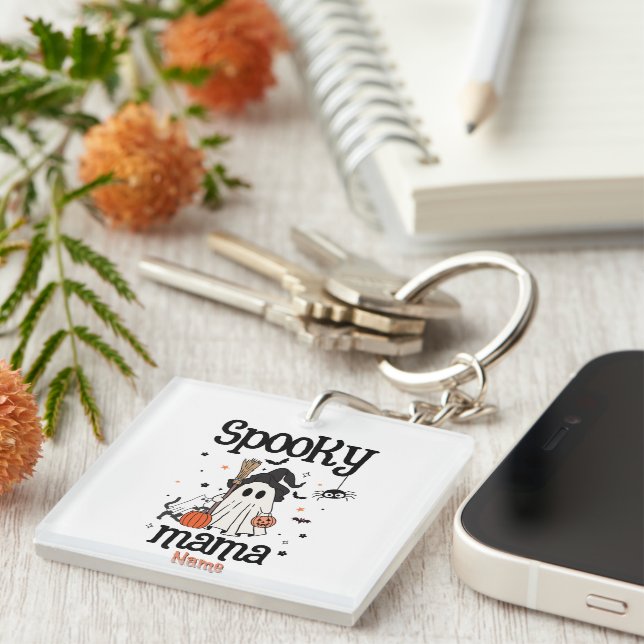 Custom Spooky Mama Halloween – Ghost, Cat, Pumpkin Key Ring (Front Right)