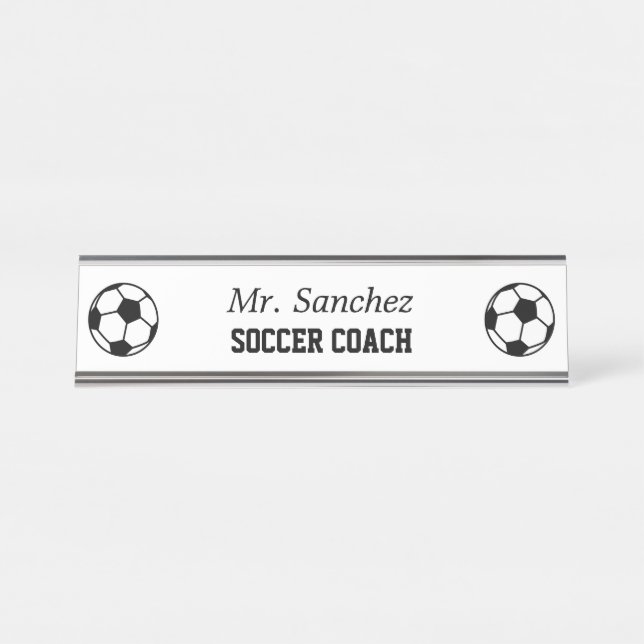 Custom sports coach black & white soccer ball logo desk name plate (Front)