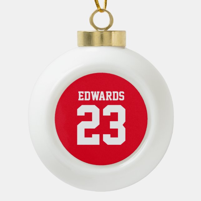 Custom Sports Numbered With Name Ceramic Ball Christmas Ornament (Front)
