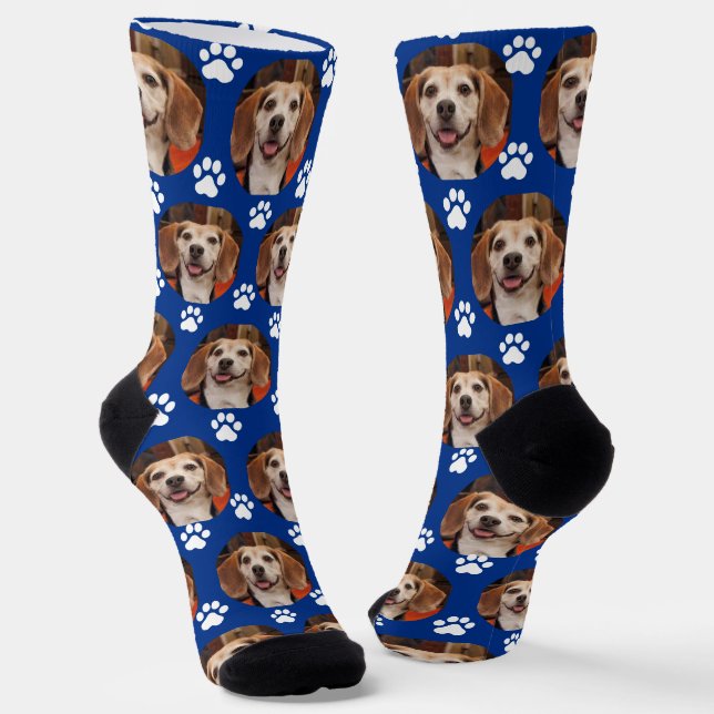 Custom Sporty Blue Pet Photo Paw Prints Cat Dog  Socks (Angled)