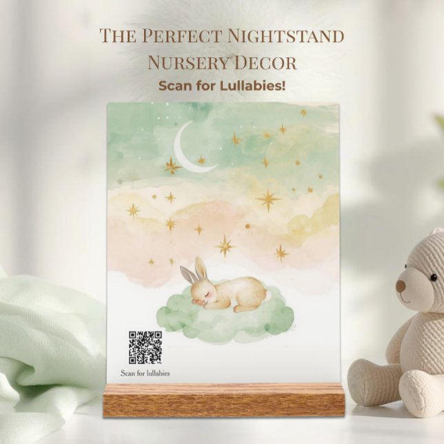 Custom Spotify Lullaby QR Code Watercolor Bunny Acrylic Sign (Modern acrylic block nursery decor. Scan the custom QR code to play sweet Spotify lullabies!)