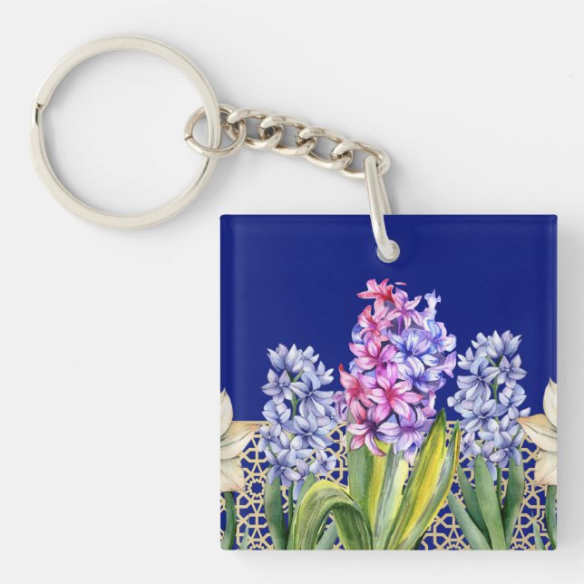 Custom Spring Blossoms Blue Key Ring (Front)