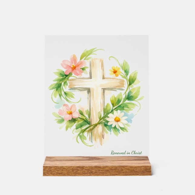 Custom Spring Cross Acrylic "Renewed in Christ" Acrylic Sign (Front)