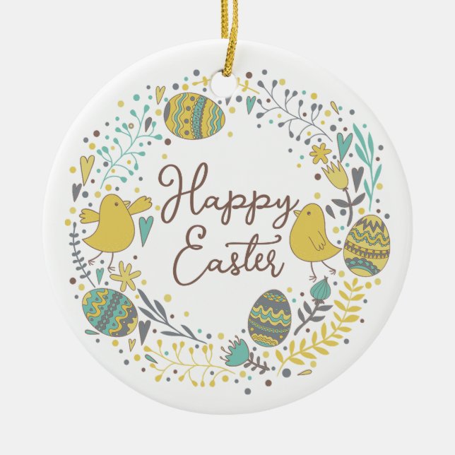 Custom Spring Floral Cute Chicks Happy Easter Ceramic Tree Decoration (Front)