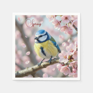 Custom Spring Party Blue Tit Bird on Cherry Tree Napkin