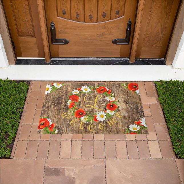 Custom Spring Poppies Daisies Floral Art Wreath Doormat (Outdoor)