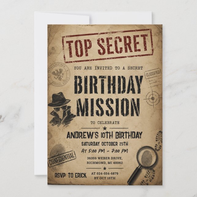 Custom Spy Mission Birthday Invitation (Front)