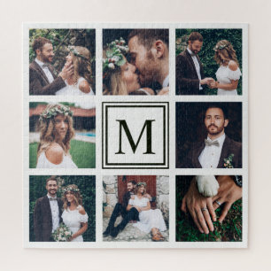 Custom Square Collage 8 Wedding Photo Monogram Jigsaw Puzzle