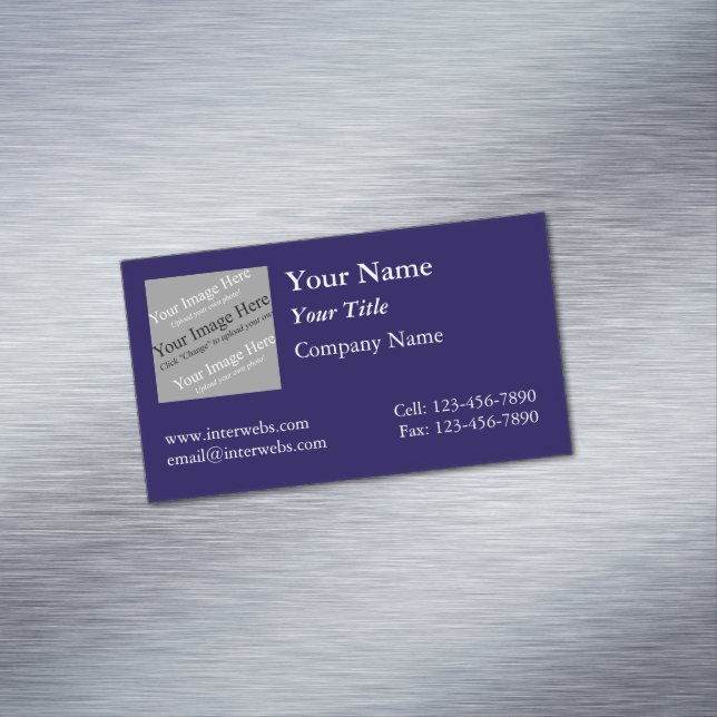 Custom Square Logo Blue Background White Text Magnetic Business Card (In Situ)
