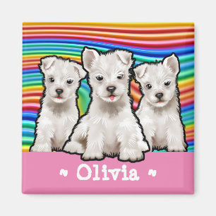 Custom square Magnet Rainbow puppies.