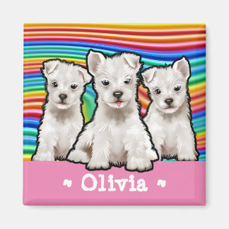 Custom square Magnet Rainbow puppies.