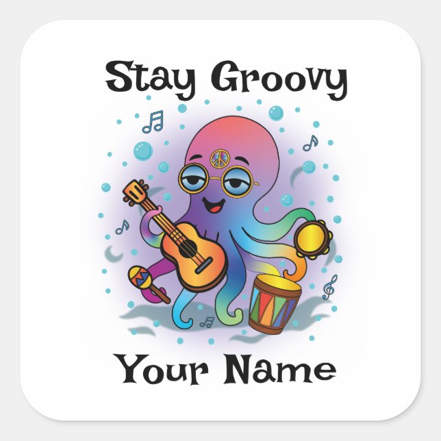 Custom Square Sticker | Retro Octopus Name & Text (Front)