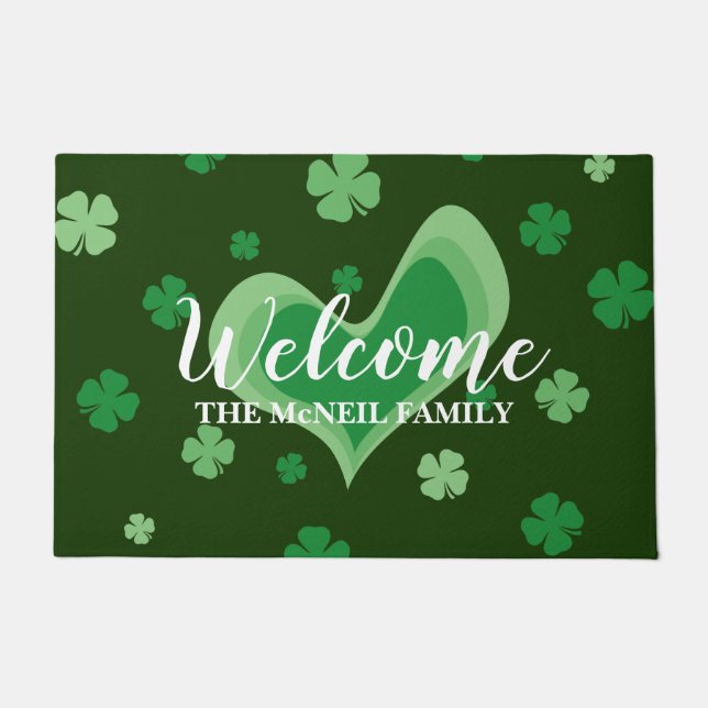Custom St Patricks Day door mat with lucky clovers (Front)