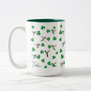 Custom St. Patrick's Day Hummingbird and Shamrocks Two-Tone Coffee Mug