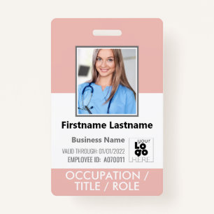 Custom Staff Photo, Barcode,+ Logo Rose Pink Name ID Badge