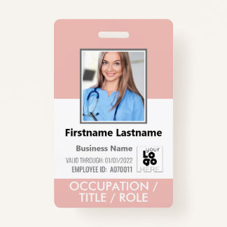 Custom Staff Photo, Barcode,+ Logo Rose Pink Name ID Badge