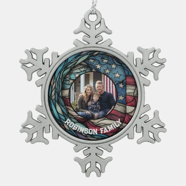 Custom Stained Glass Design USA Flag Patriotic Snowflake Pewter Christmas Ornament (Front)