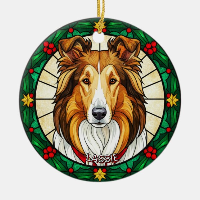 Custom Stained glass effect DOG'S name Christmas  Ceramic Tree Decoration (Front)