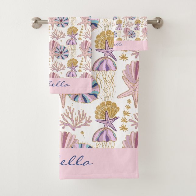 Custom Starfish Seashell Blue Purple Pink Nautical Bath Towel Set (Insitu)