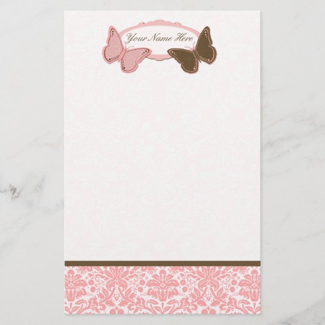 Custom Stationery Damask Pink & Brown Butterflies (Front)