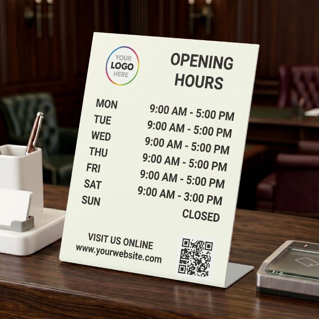 Custom Store Opening Hours Logo + QR Code - Ivory Pedestal Sign (Creator Uploaded)
