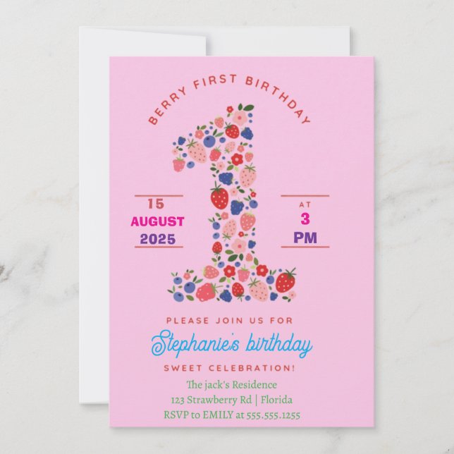 Custom Strawberry 1st Birthday Party Berry First  Invitation (Front)